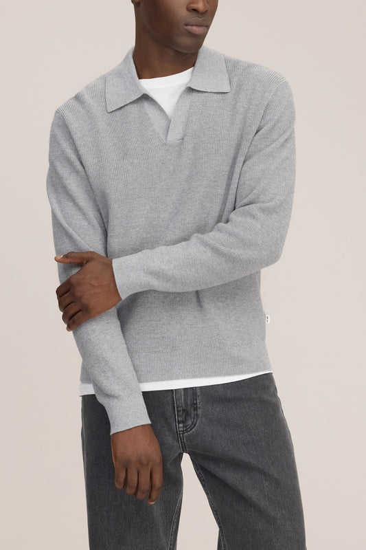 Hope Rib Cotton Cashmere Blend Open Polo Collar Pullover Grey Melange