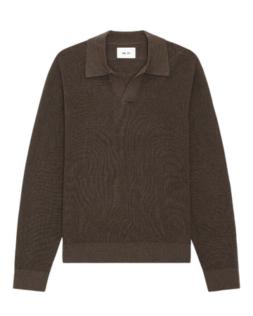 Hope Rib Cotton Cashmere Blend Open Polo Collar Pullover Brown Melange