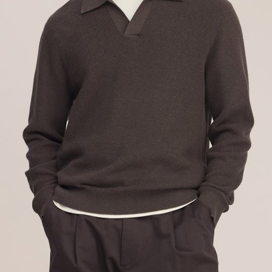 Hope Rib Cotton Cashmere Blend Open Polo Collar Pullover Brown Melange