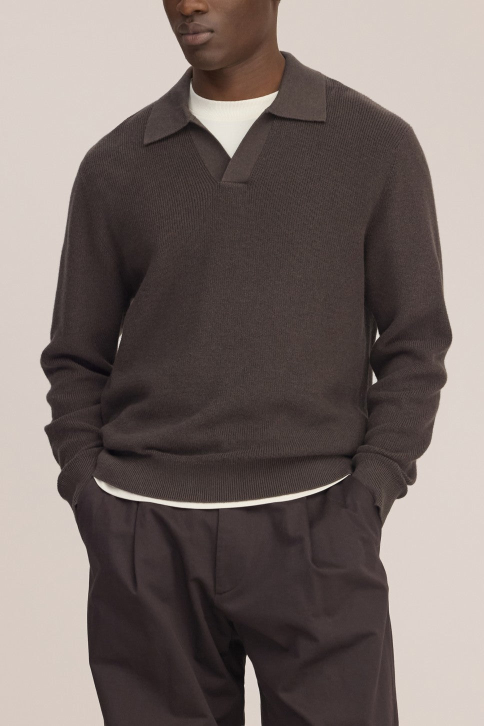 Hope Rib Cotton Cashmere Blend Open Polo Collar Pullover Brown Melange