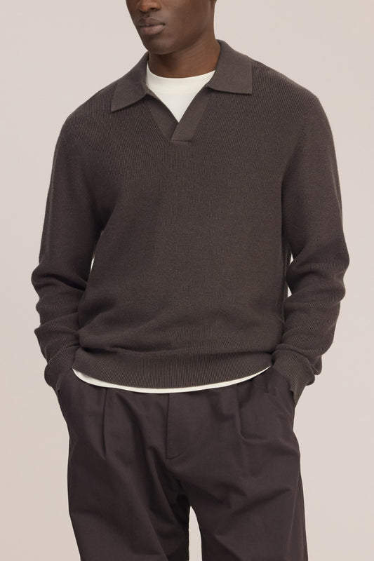 Hope Rib Cotton Cashmere Blend Open Polo Collar Pullover Brown Melange