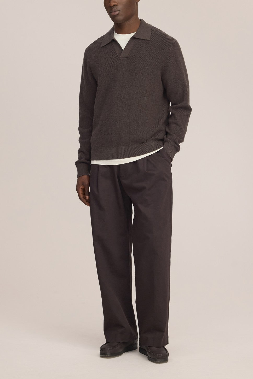 Hope Rib Cotton Cashmere Blend Open Polo Collar Pullover Brown Melange