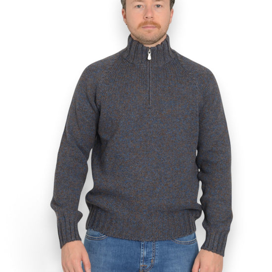 Mock Zip Pullover Blue Brown Melange