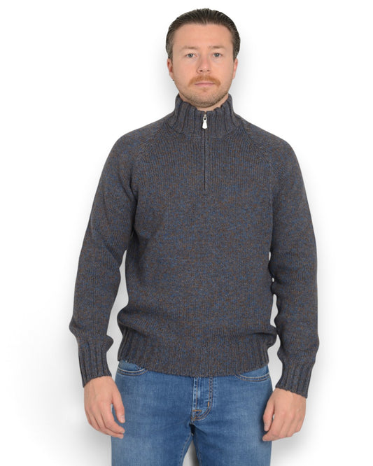 Mock Zip Pullover Blue Brown Melange