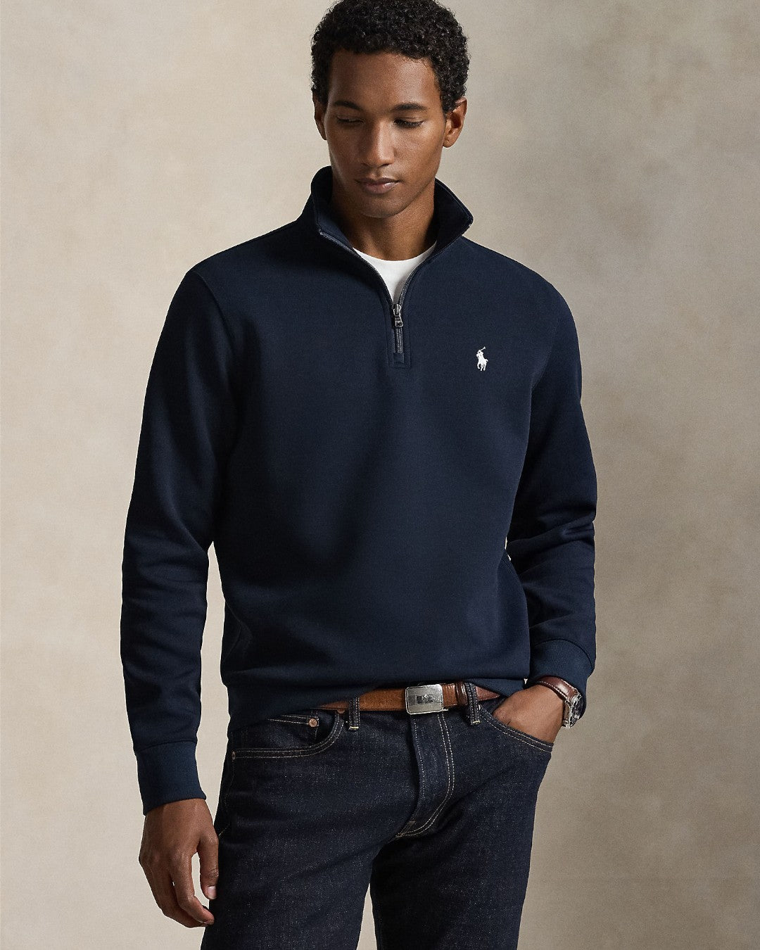 Double Knit Cotton Half Zip Sweater Aviator Navy