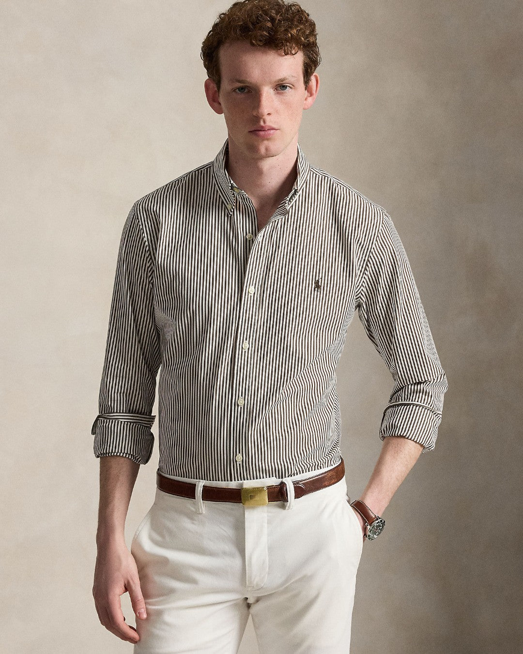 Bistretch Poplin Sport Shirt Nutmeg Brown White