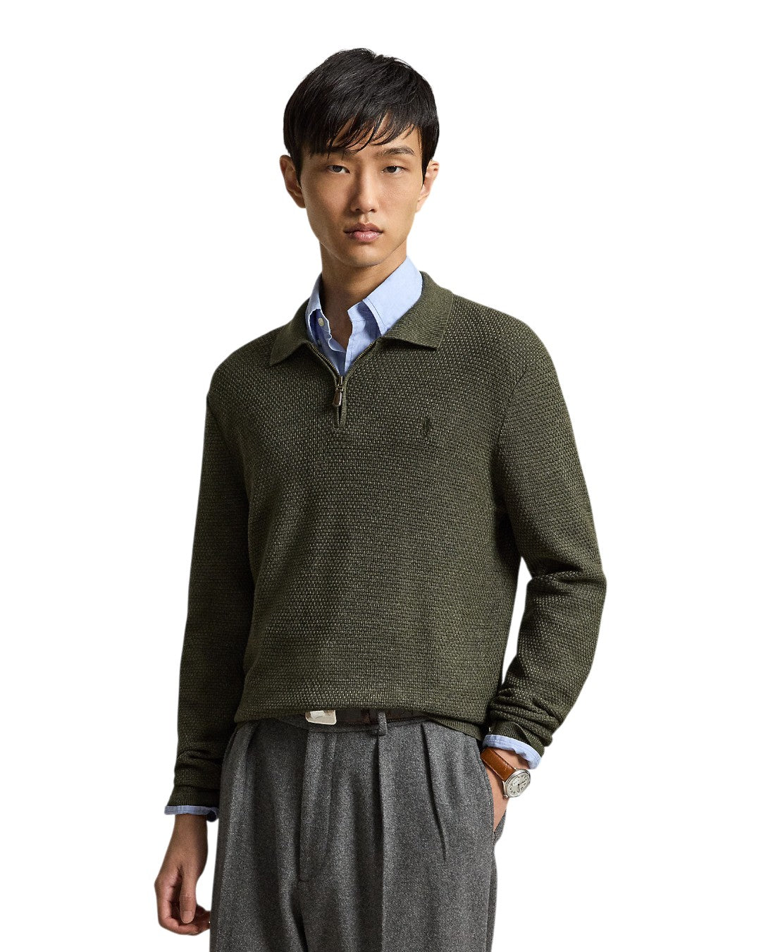 Merino Wool Half Zip Pullover Cargo Olive Heather
