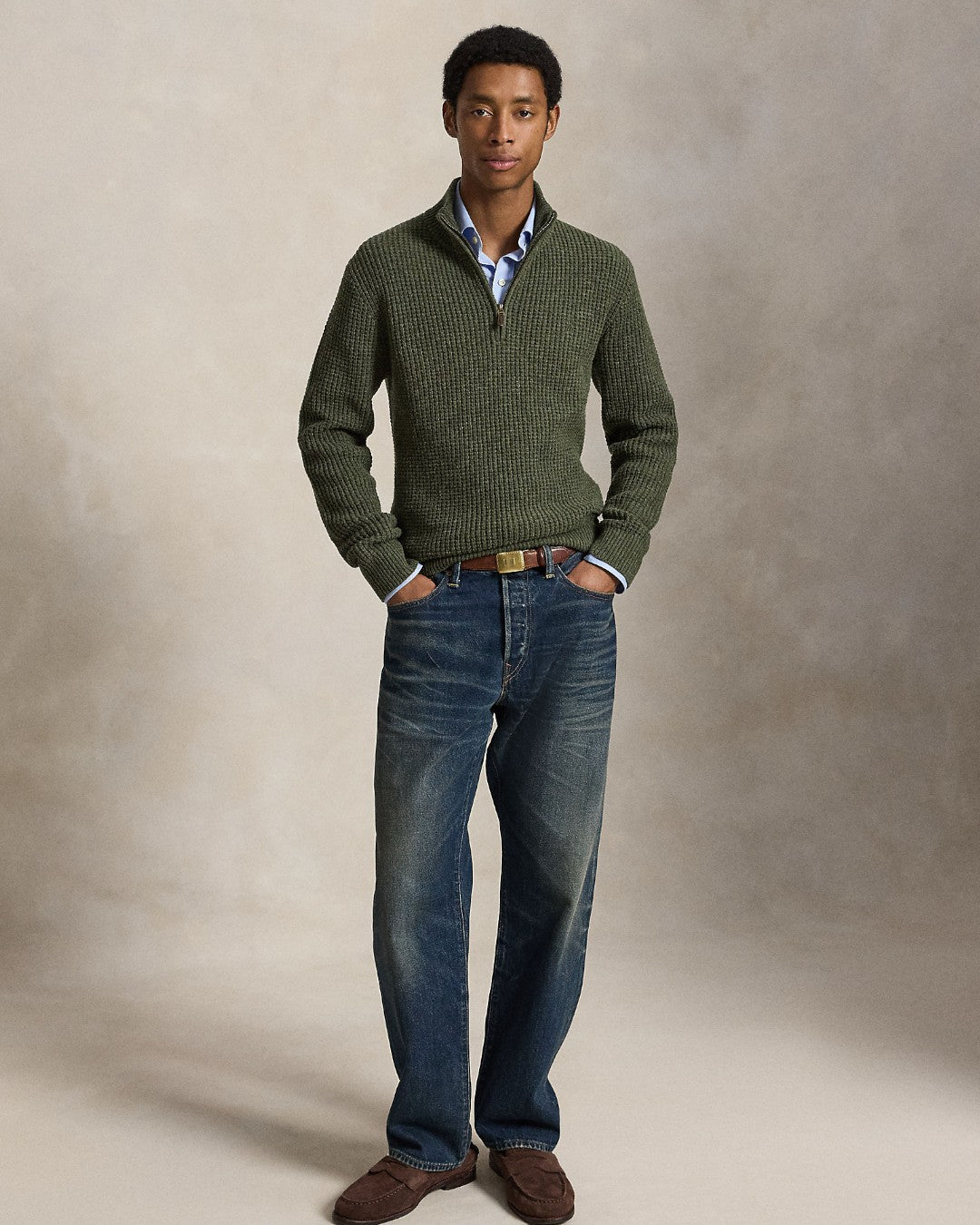 Cotton Wool Half Zip Pullover Olive Shrub Heather