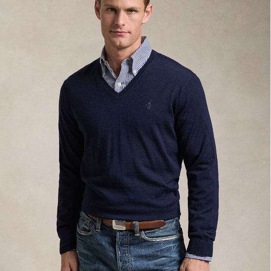 Merino Wool V Neck Pullover Hunter Navy