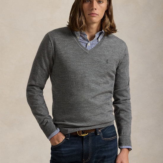 Merino Wool V Neck Pullover Fawn Grey Heather