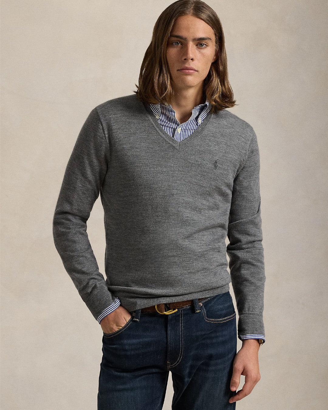 Merino Wool V Neck Pullover Fawn Grey Heather