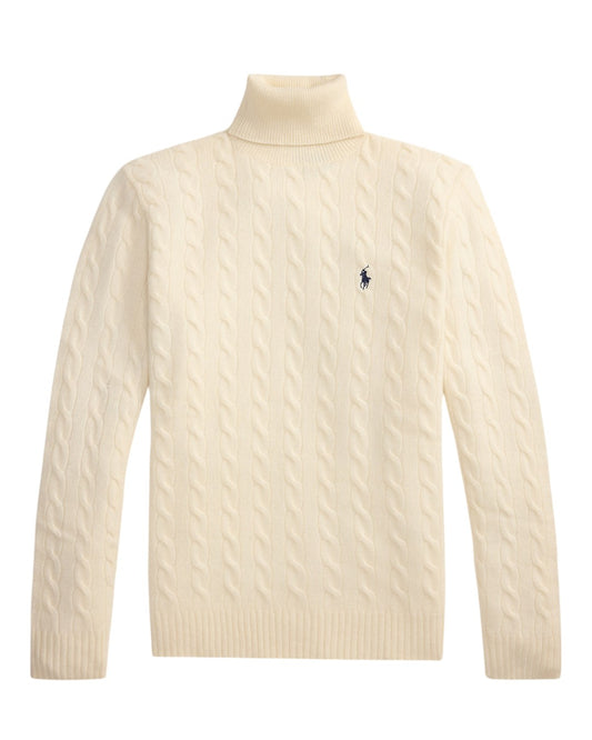 Wool Cashmere Blend Cable Knit Turtle Neck Pullover Andover Cream