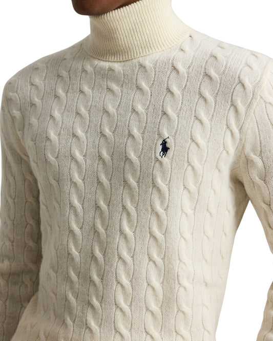 Wool Cashmere Blend Cable Knit Turtle Neck Pullover Andover Cream