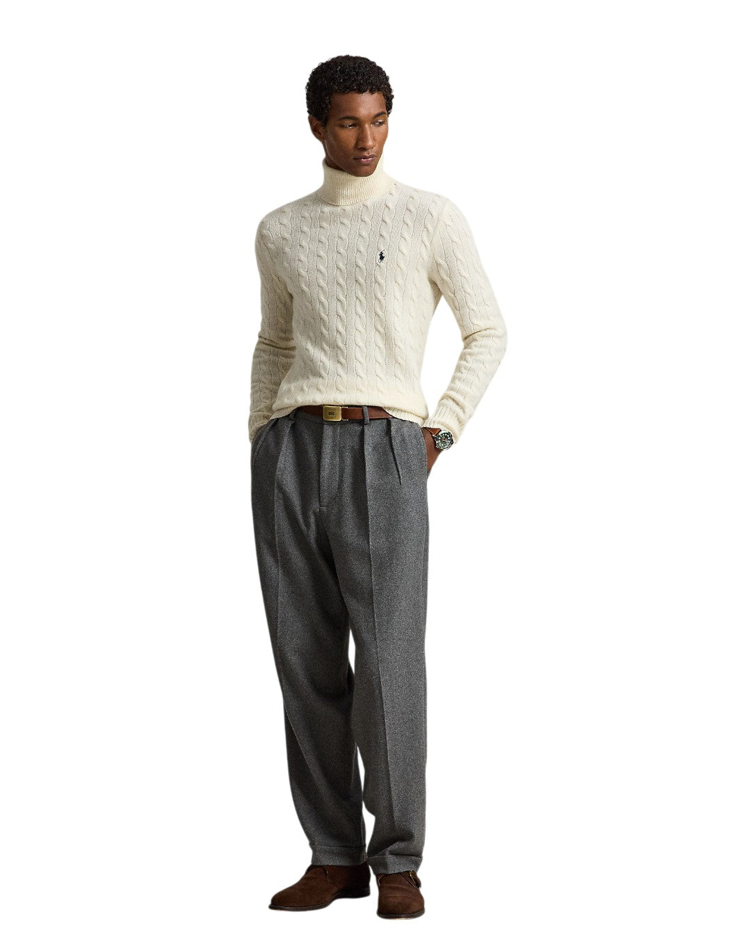 Wool Cashmere Blend Cable Knit Turtle Neck Pullover Andover Cream
