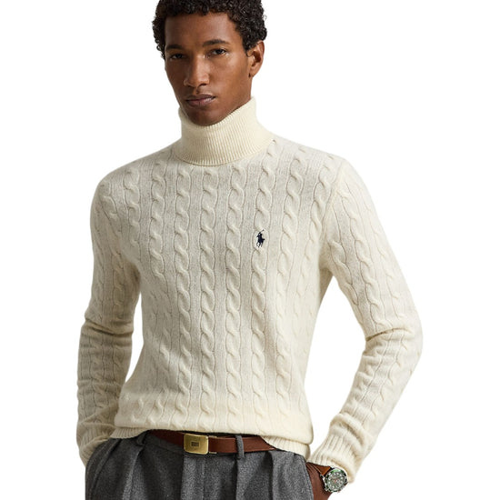Wool Cashmere Blend Cable Knit Turtle Neck Pullover Andover Cream