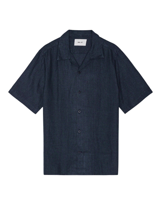 Julio Linen Open Collar Regular Fit SS Shirt Navy Blue