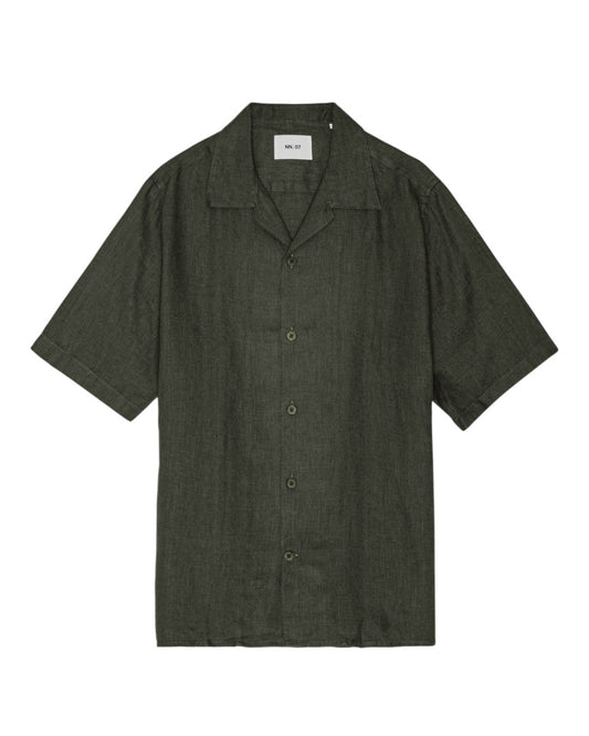 Julio Linen Open Collar Regular Fit SS Shirt Dark Army