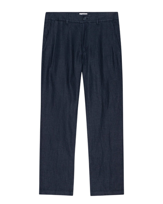 Aden Linen Regular Fit Straight Leg Trousers Navy Blue