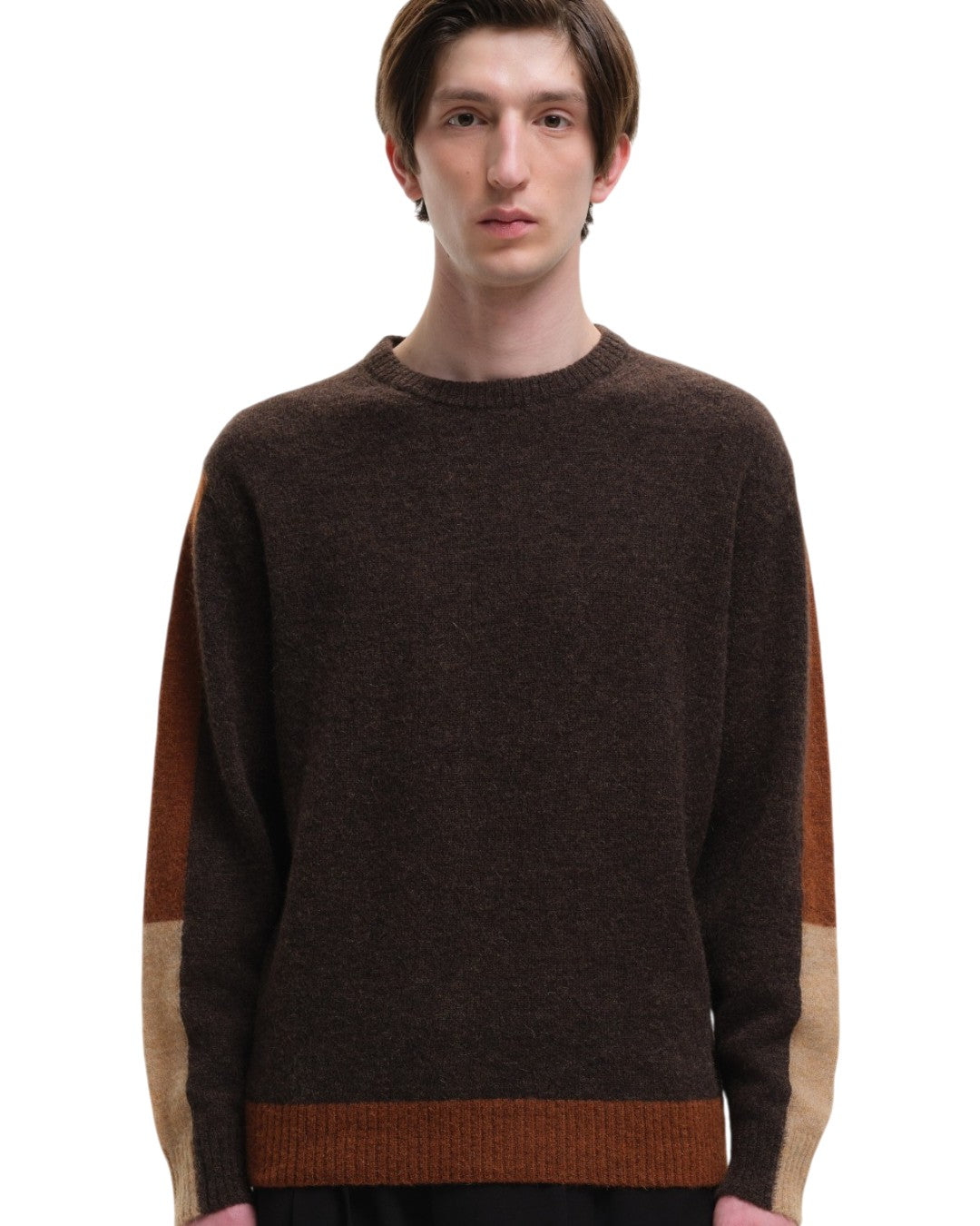 Morley Fluffy Alpaca Mix Color Block Crewneck Pullover Brown