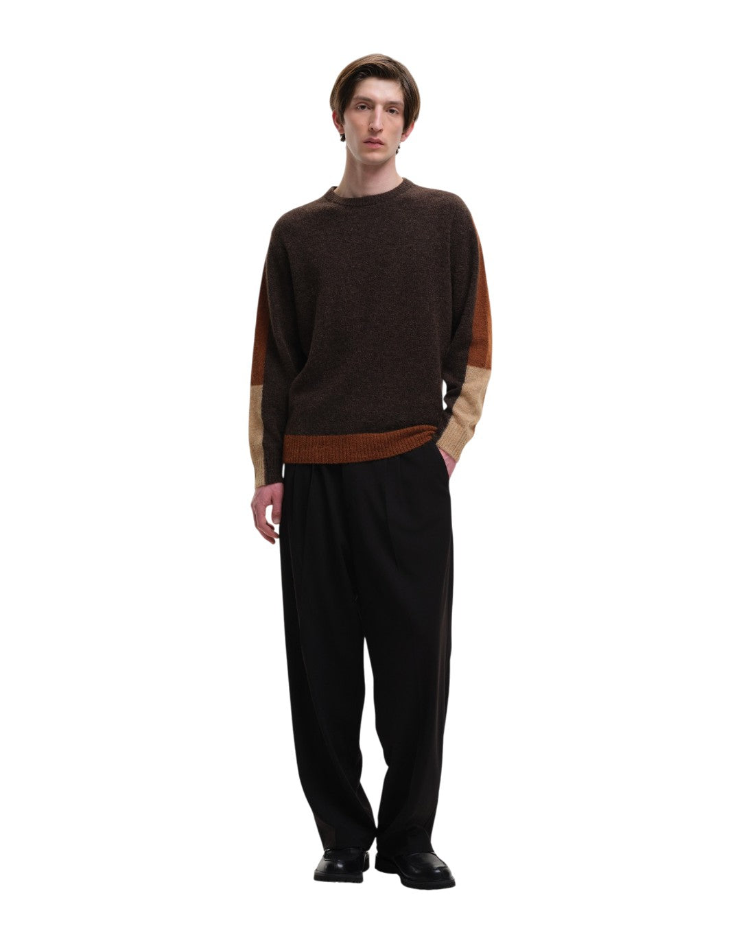 Morley Fluffy Alpaca Mix Color Block Crewneck Pullover Brown