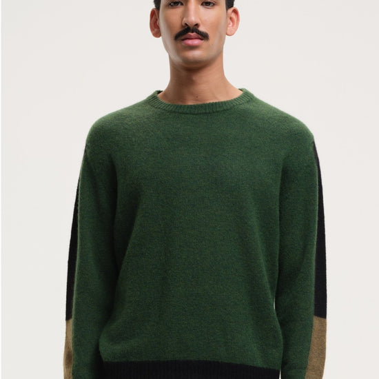 Morley Fluffy Alpaca Mix Color Block Crewneck Pullover Green