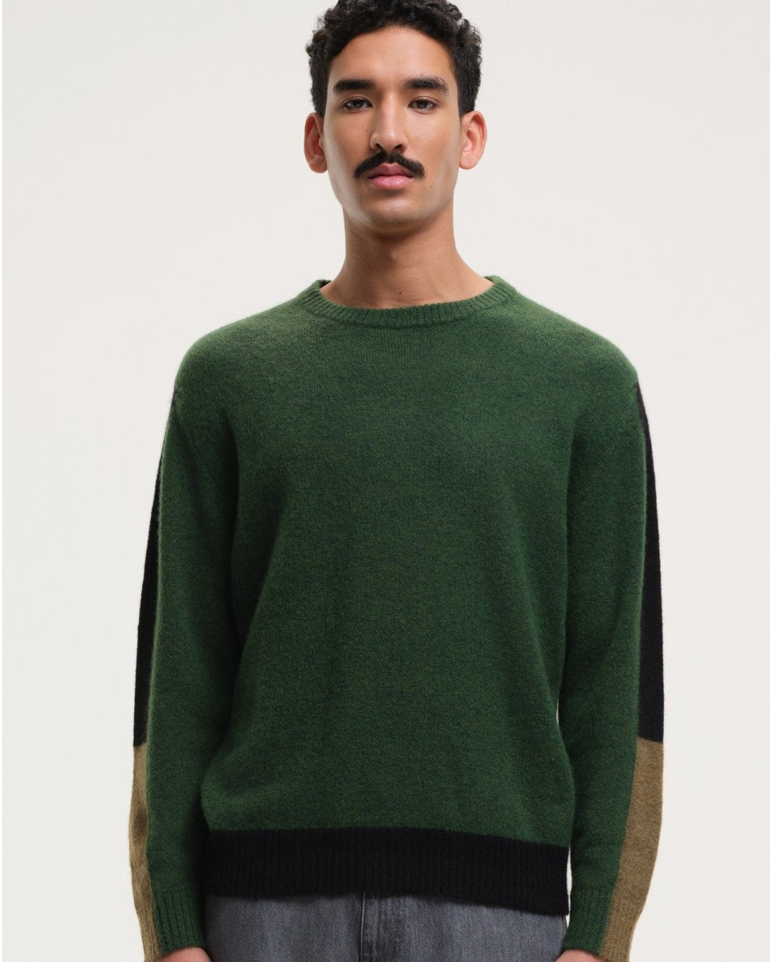 Morley Fluffy Alpaca Mix Color Block Crewneck Pullover Green