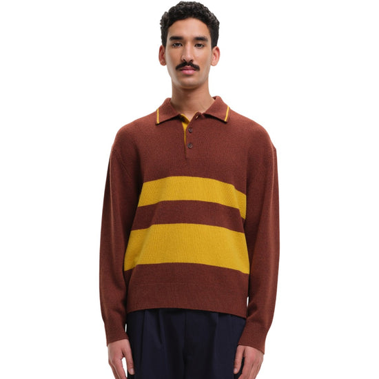 Striped Polo Collar Pullover Brown