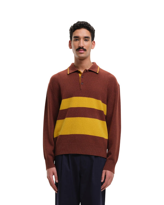 Striped Polo Collar Pullover Brown
