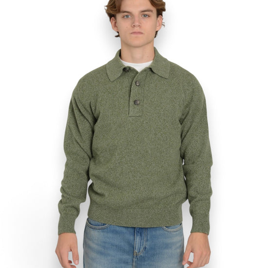 Wool Cashmere 7 Gauge Polo Military Green Senecio Melange