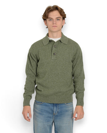 Wool Cashmere 7 Gauge Polo Military Green Senecio Melange