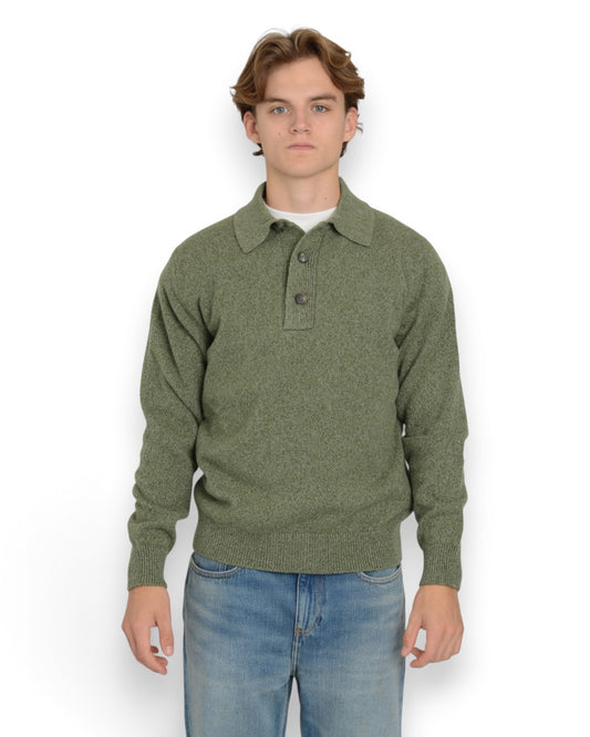 Wool Cashmere 7 Gauge Polo Military Green Senecio Melange