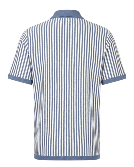 Blue White Stripe Button Through Knitted Polo