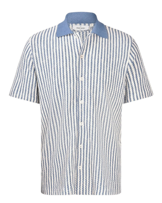 Blue White Stripe Button Through Knitted Polo