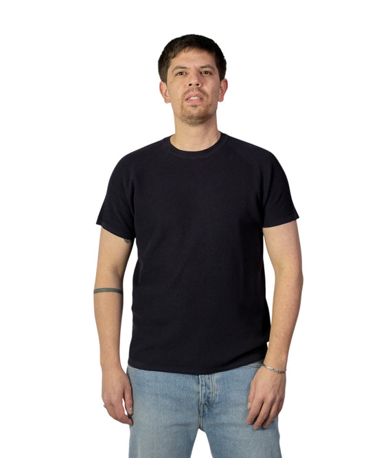 Navy Knitted Microwaffled Roundneck T-shirt