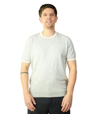 Light Grey Knitted Cotton T-Shirt Beige Collar