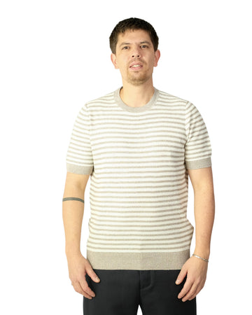 Dusty Grey Cream Striped Knitted Cotton Linnen T-Shirt