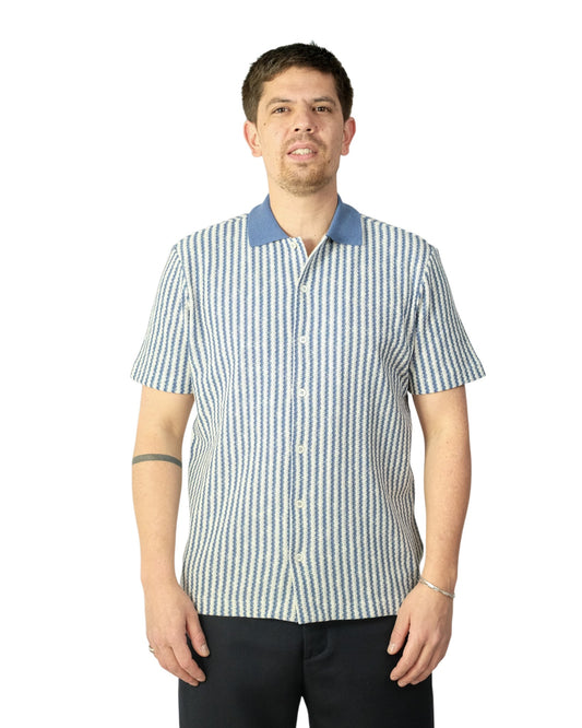 Blue White Stripe Button Through Knitted Polo