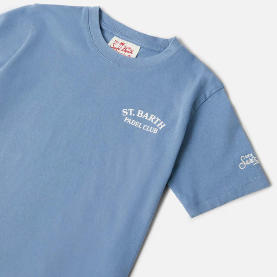 detail van MC2 Saint Barth Portland Padel Club heren T-shirt in dusty blue bij Checkpoint Mol