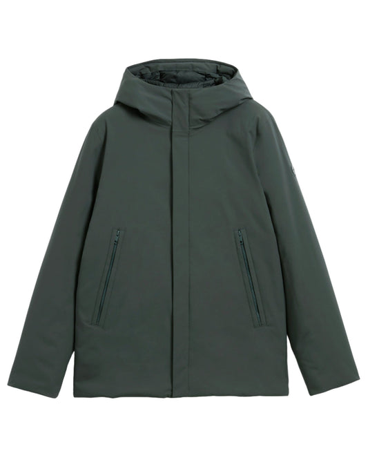 Green hooded jacket with zippers on a white background
