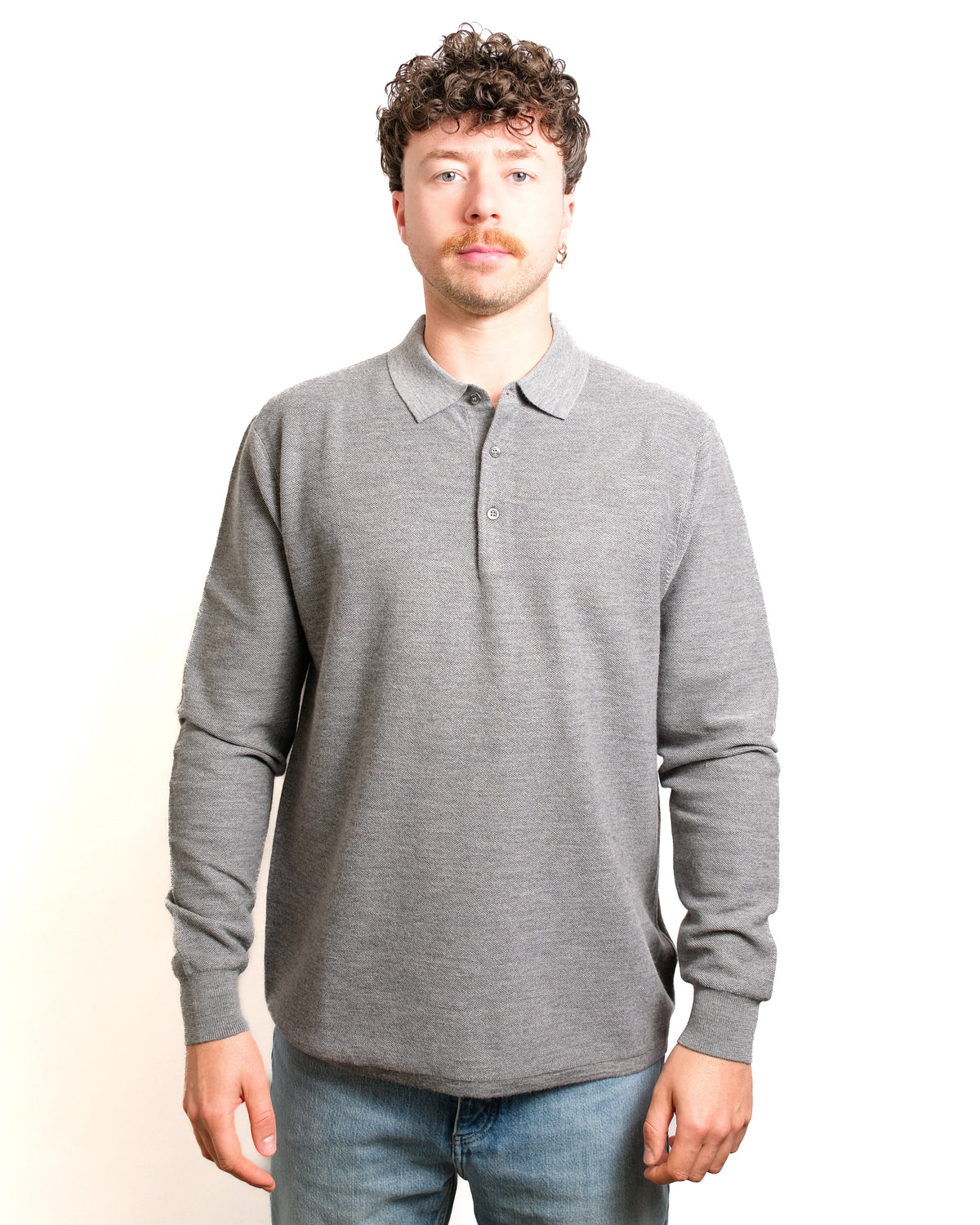 Detail Aspesi M126 Soft Wool Piquet Long Sleeve Polo Grey