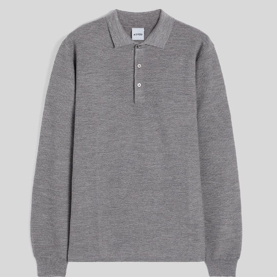 Aspesi M126 Soft Wool Piquet Long Sleeve Polo Grey voorzijde