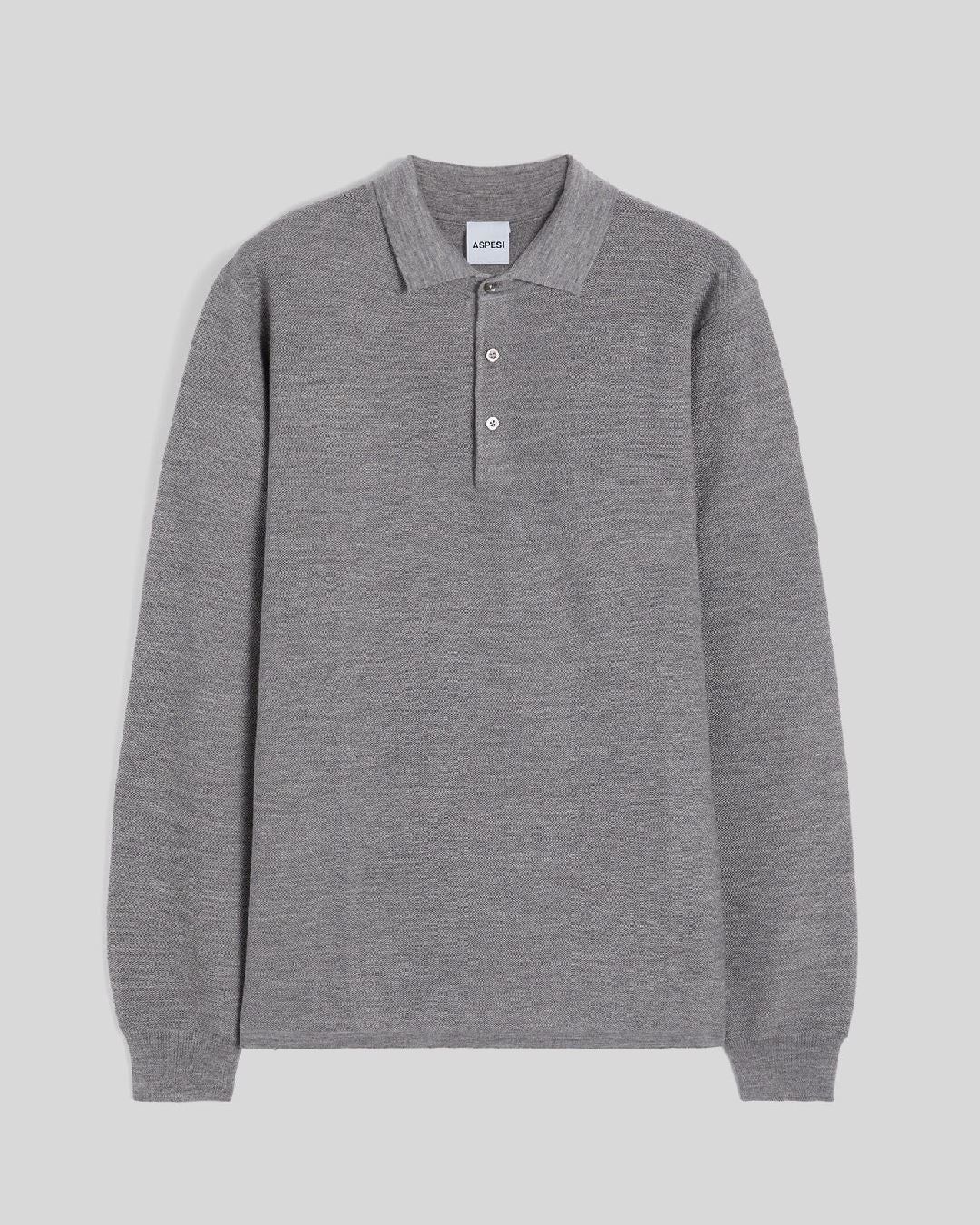 Aspesi M126 Soft Wool Piquet Long Sleeve Polo Grey voorzijde