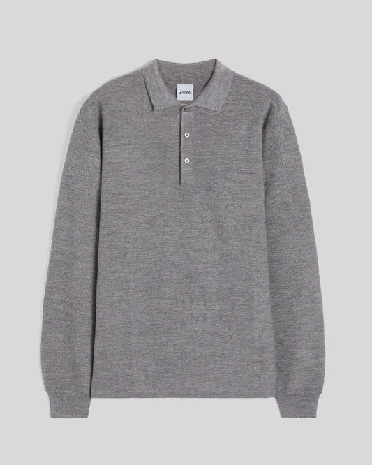 Aspesi M126 Soft Wool Piquet Long Sleeve Polo Grey voorzijde