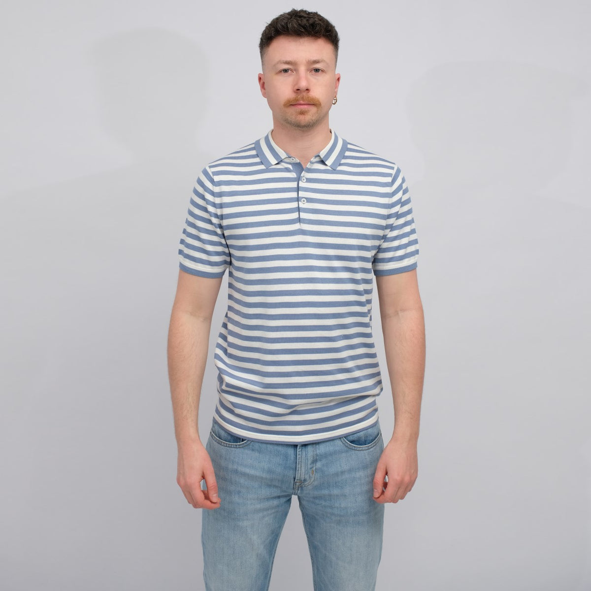 ASPESI Mod M433 Cotton Linen Silk Blend Polo Riga Denim – vooraanzicht