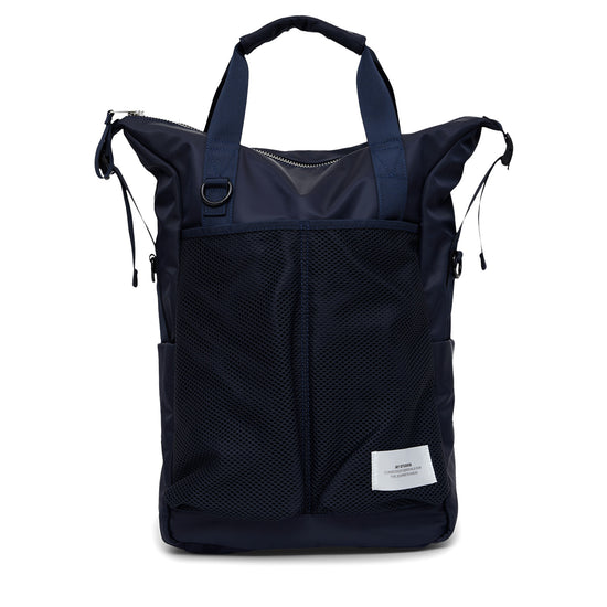 AY Studios Backpack Navy Blue rugzak, van voren met handgrepen en meshvak