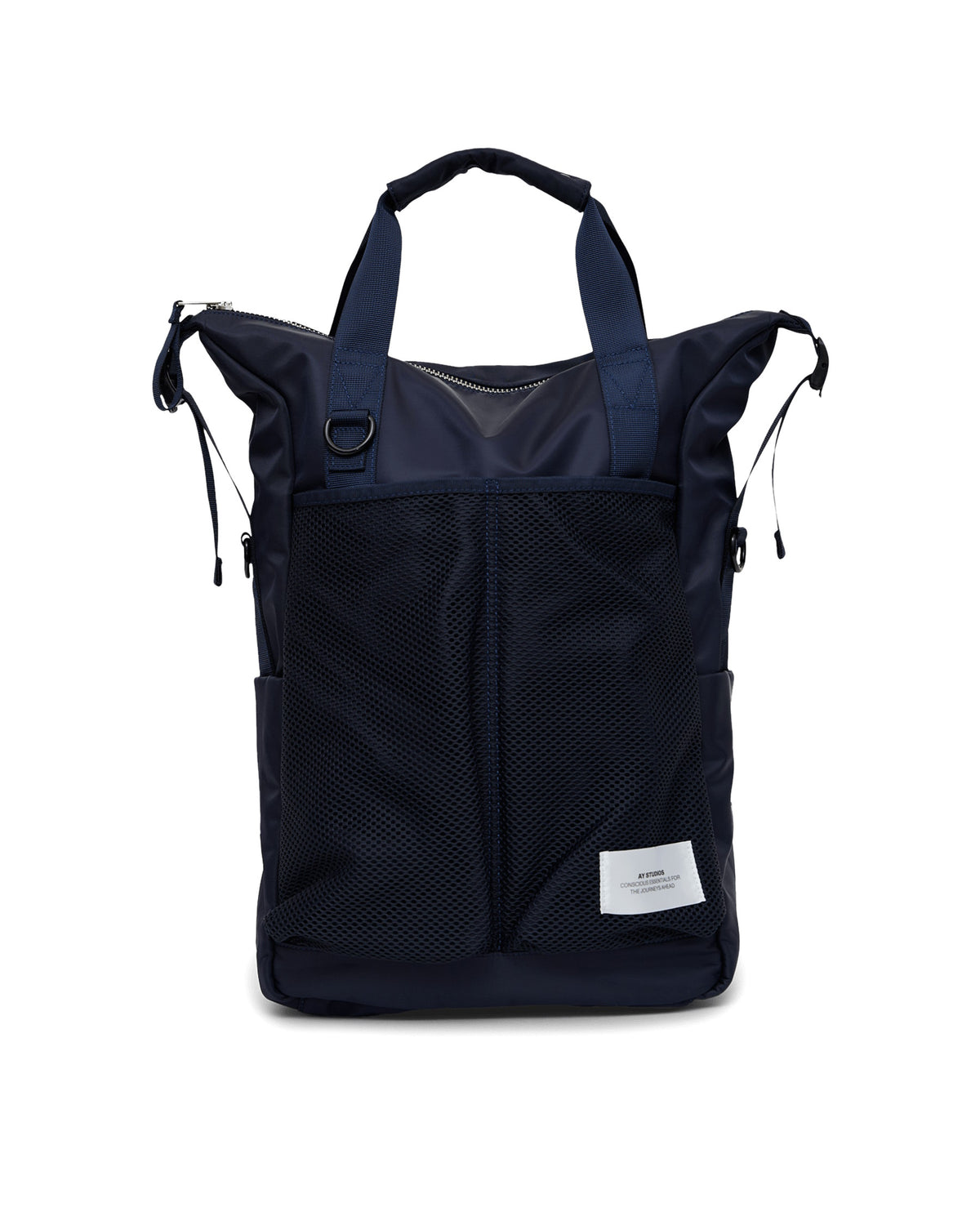 AY Studios Backpack Navy Blue rugzak, van voren met handgrepen en meshvak