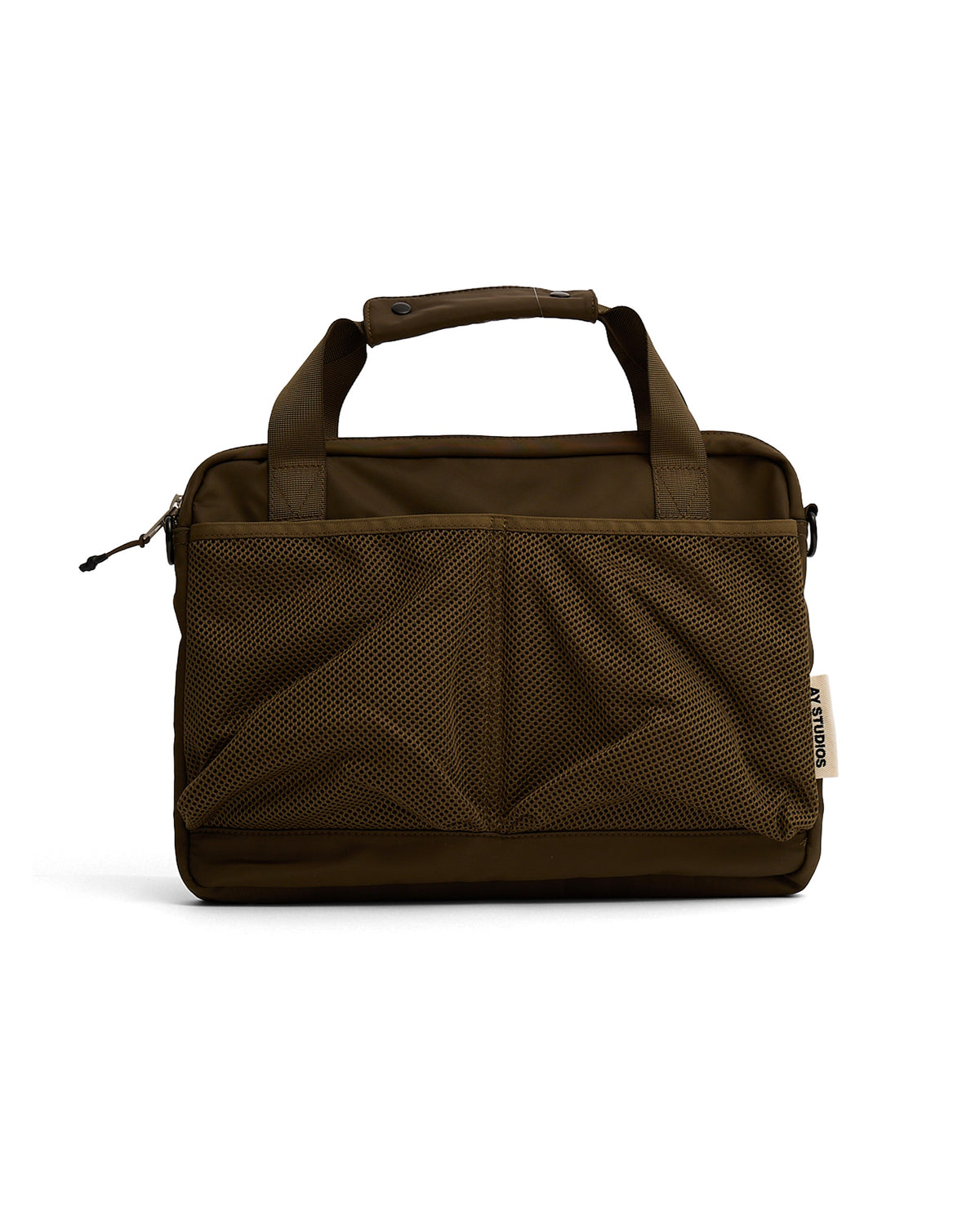 AY Studios Briefcase Army Green werktas, van voren met handgrepen en meshvak