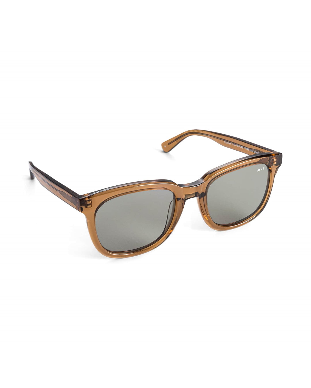 AY Studios Palmer Caramel Brown zonnebril, schuin van voren met open veren