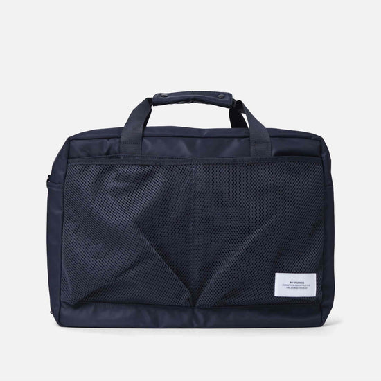 AY Studios Weekend Bag Navy Blue reistas, van voren met handgrepen en meshvakken