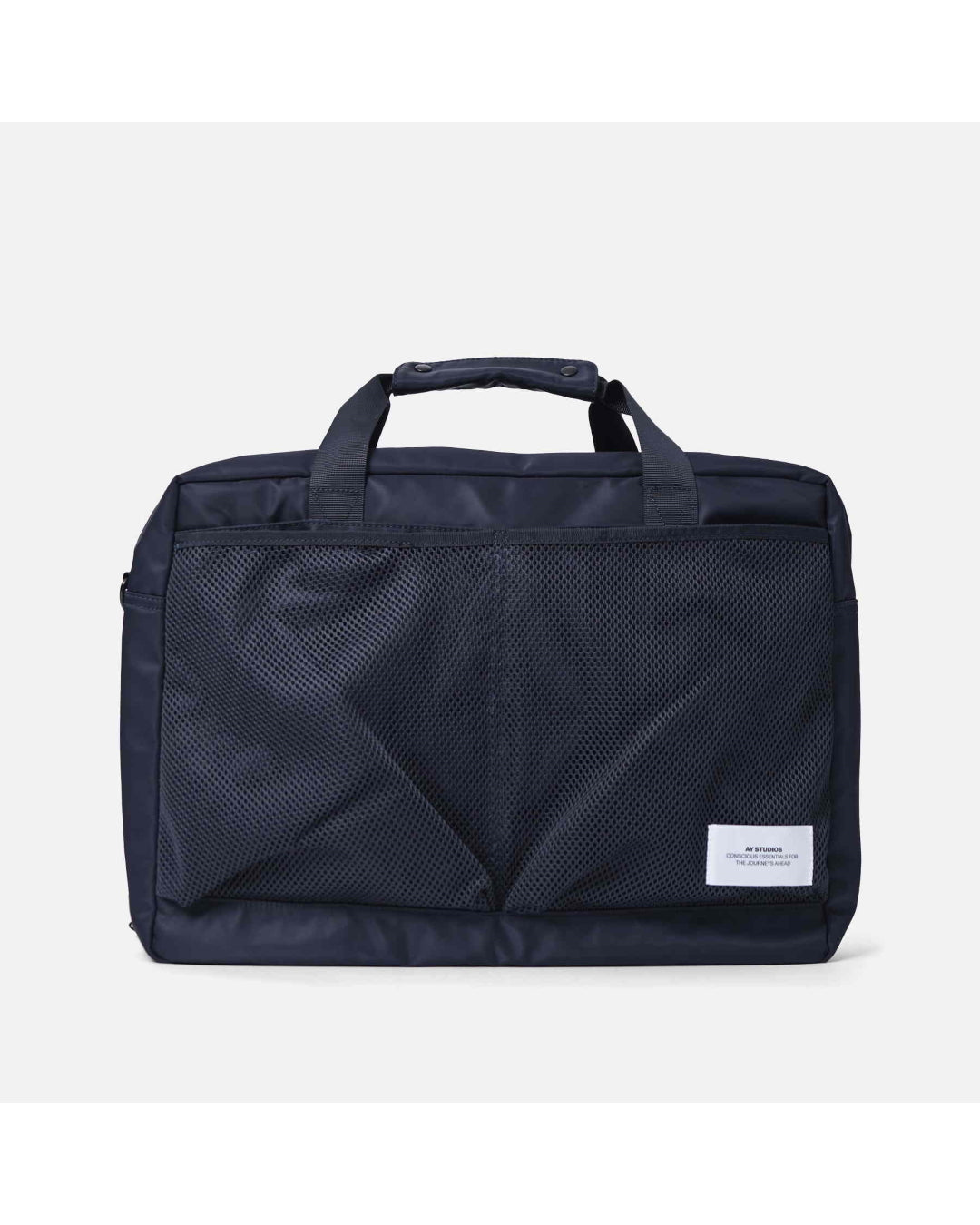 AY Studios Weekend Bag Navy Blue reistas, van voren met handgrepen en meshvakken